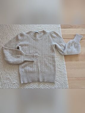 White + Warren Cream Cable Knit Puff-Sleeve Sweater